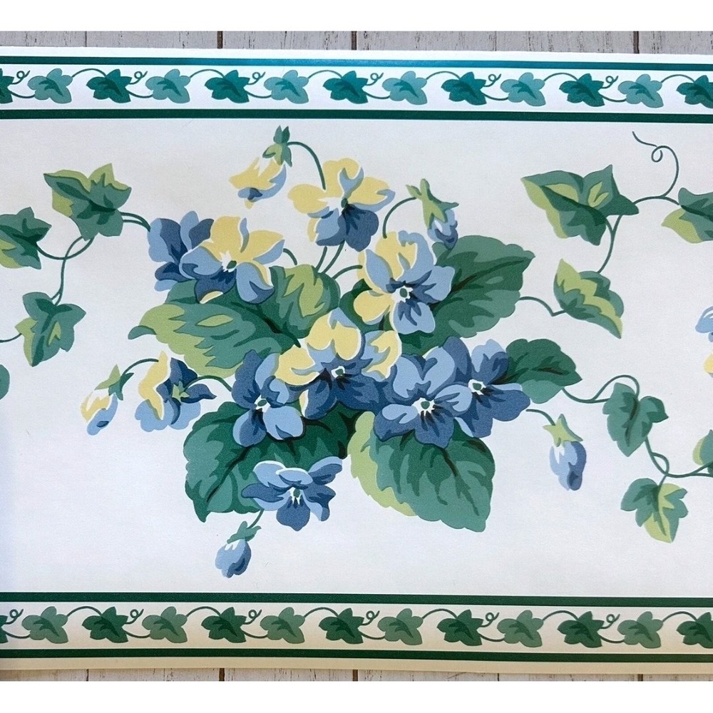 VTG Waverly Wallpaper Border 563654 Ivy w Blue Yellow Flowers 9"x 5 Yds